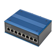 DIGITUS Commutateur réseau PoE – Gigabit Ethernet 8 ports – montage sur rail DIN – bornier – sans ventilateur – noir/bleu