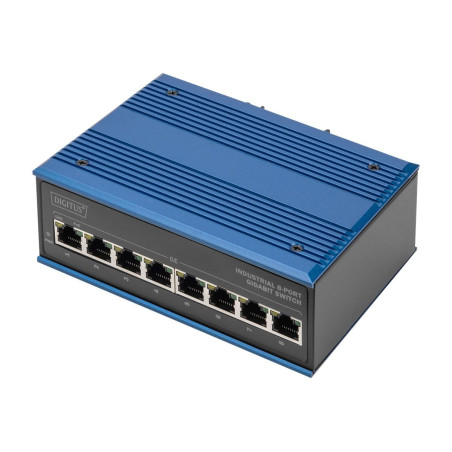 DIGITUS Commutateur réseau PoE – Gigabit Ethernet 8 ports – montage sur rail DIN – bornier – sans ventilateur – noir/bleu