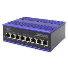 DIGITUS Commutateur réseau PoE – Gigabit Ethernet 8 ports – montage sur rail DIN – bornier – sans ventilateur – noir/bleu