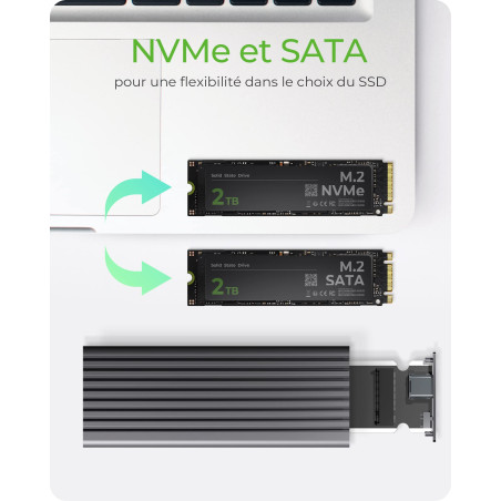 ICY BOX SSD M.2 NVMe en boîtier, USB 3.1 (Gen2, 10 Gbit/s), système de Refroidissement, USB-C, USB-A, PCIe M-Key, Aluminium, Gri