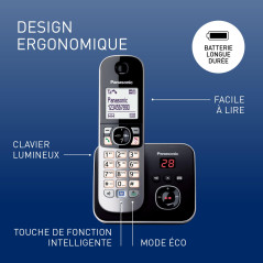 Panasonic KX-TG6823FRB DECT Téléphone Numérique Sans Fil Répondeur Numérique, Base et 3 Combinés, Haut-Parleur Mains Libres, Ide
