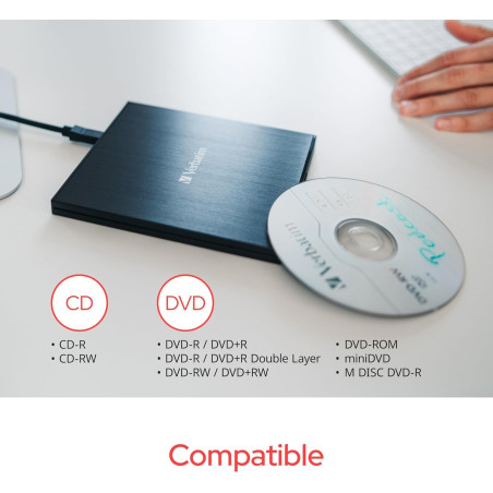 Verbatim Lecteur graveur de CD/DVD Externe Slimline USB 2.0 avec Logiciel Nero Burn & Archive Inclus, Design Compact, Lecteur gr