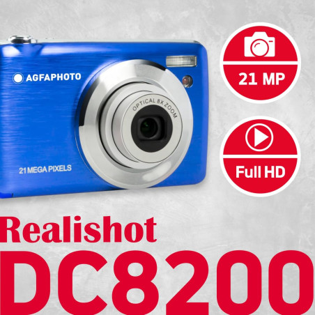 AgfaPhoto Realishot DC8200 - Appareil Photo Numérique Compact Cam, 21MP, Vidéo Full HD, Ecran LCD 2.7'', Zoom Optique 8X, Batter