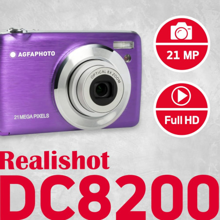 AgfaPhoto Realishot DC8200 - Appareil Photo Numérique Compact Cam, 21MP, Vidéo Full HD, Ecran LCD 2.7'', Zoom Optique 8X, Batter