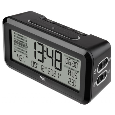 TFA Dostmann BOXX2 60.2562.01 Réveil numérique Radio-piloté avec écran Allemand 2 alarmes, Surveillance de la température ambian