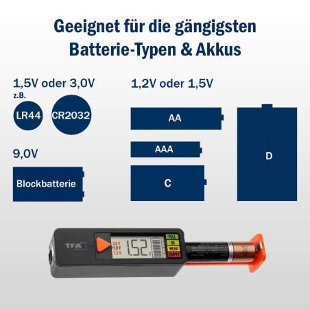 TFA Dostmann BatteryCheck, 98.1126.01, testeur universel domestiques pour piles rechargeables AAA, AA, C, D, piles boutons 1,2V