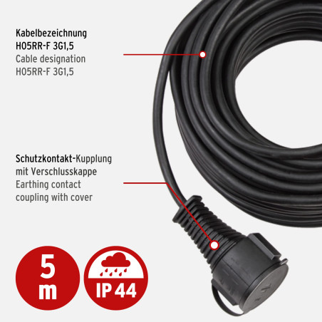Brennenstuhl 1161420 Cordon prolongateur de qualité IP44 en Caoutchouc, Noir, 5 m