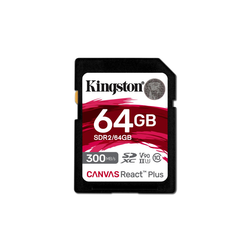 Kingston Canvas React Plus 64Go SDXC Carte mémoire UHS-II 300R/260W U3 V90 for Full HD/4K/8K - SDR2/64GB Kingston Canvas React Plus 64Go SDXC Carte mémoire UHS-II 300R/260W U3 V90 for Full HD/4K/8K - SDR2/64GB