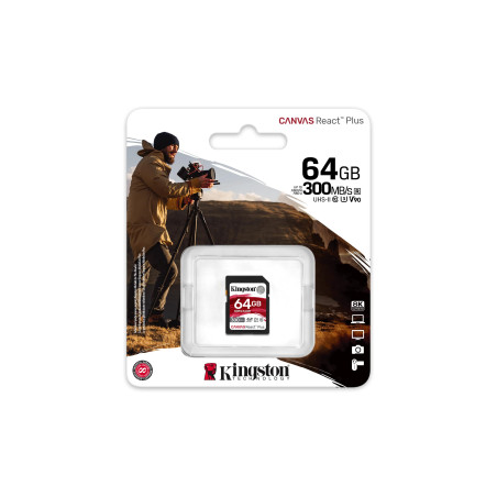Kingston Canvas React Plus 64Go SDXC Carte mémoire UHS-II 300R/260W U3 V90 for Full HD/4K/8K - SDR2/64GB
