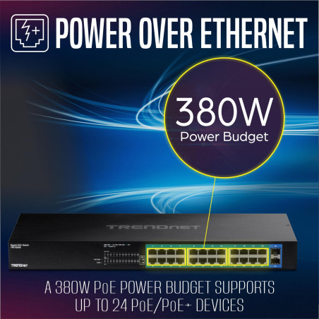 TRENDnet, TPE-TG262, Commutateur PoE+ Gigabit 26 Ports, 24 Ports PoE+ 30 W, 2 emplacements SFP Gigabit, Budget PoE 380 W, capaci