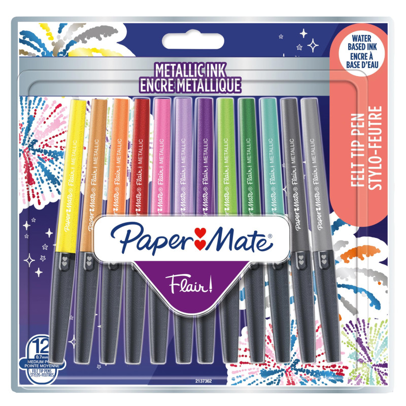 Paper Mate Flair stylos-feutres métallique | Pointe moyenne (0,7 mm) | L’encre pailletée brille sur du papier blanc | Assortimen Paper Mate Flair stylos-feutres métallique | Pointe moyenne (0,7 mm) | L’encre pailletée brille sur du papier blanc | Assortimen