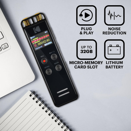 Kodak VRC550 - Enregistreur Vocal Haute Intensité, Mini Dictaphone Avancé Rechargeable avec Commande Vocale, Batterie Lithium, L
