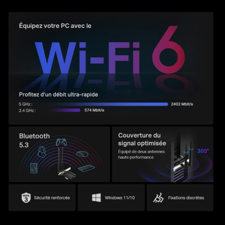 TP-Link WiFi 6 Carte WiFi PCIe AX3000, Archer TX55E, Adaptateur Bi-Bande Carte WiFi Bluetooth 5.2 avec 2 antennes multidirection