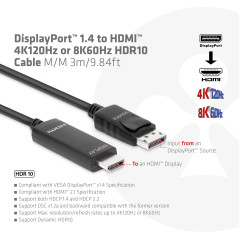 CLUB3D CAC-1087 Câble DisplayPort 1.4 vers HDMI 4K120Hz ou 8K60Hz HDR10 3m M/M