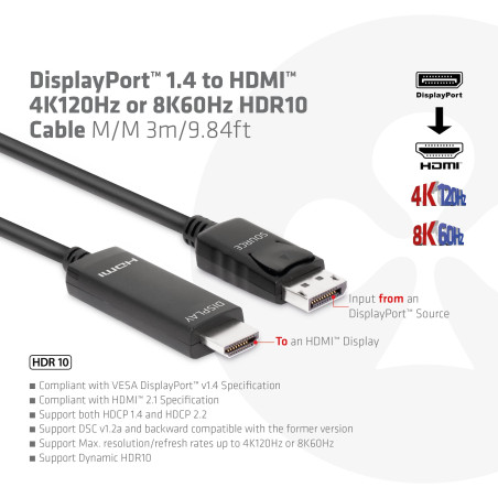 CLUB3D CAC-1087 Câble DisplayPort 1.4 vers HDMI 4K120Hz ou 8K60Hz HDR10 3m M/M