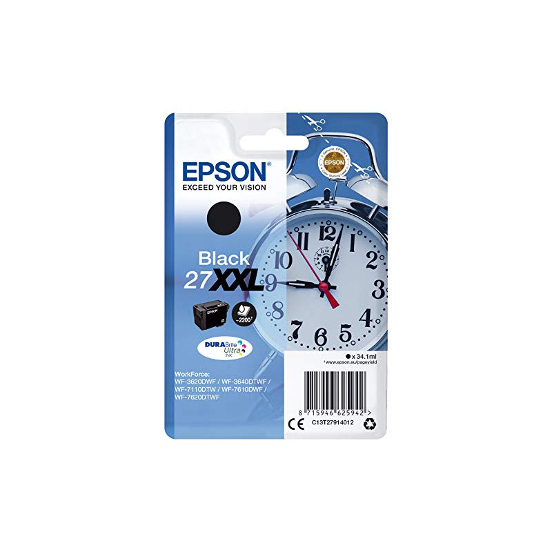 Epson 27XXL Réveil Noir, Cartouche d'encre d'origine XXL Très Haute capacité, WF-3620DWF WF-3640DTWF WF-7110DTW WF-7210DTW WF-77 Epson 27XXL Réveil Noir, Cartouche d'encre d'origine XXL Très Haute capacité, WF-3620DWF WF-3640DTWF WF-7110DTW WF-7210DTW WF-77