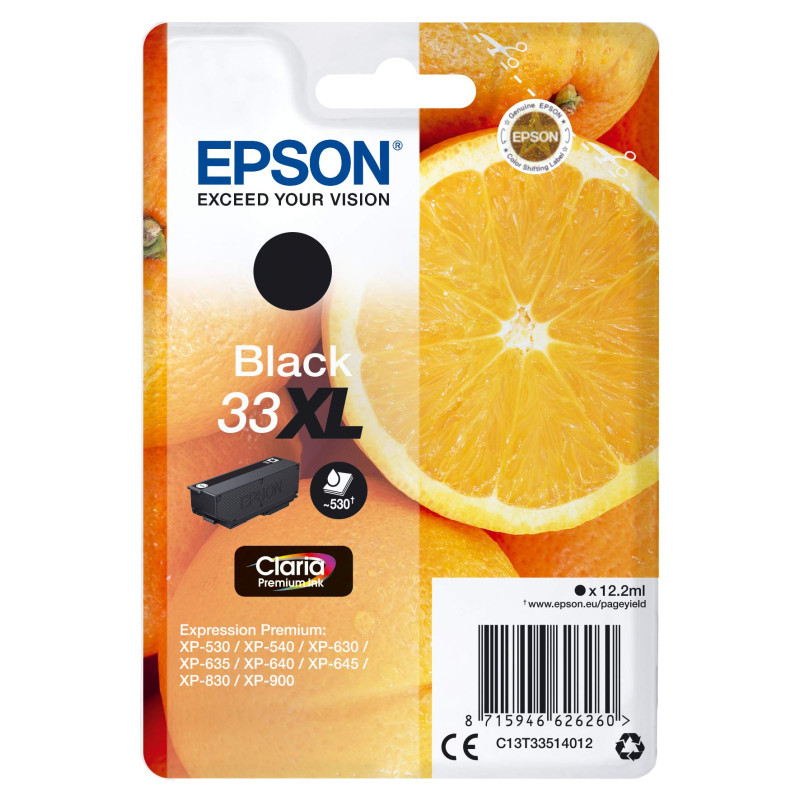 Epson 33XL Orange Noir, Cartouche d'encre d'origine XL Haute capacité, XP-530 XP-540 XP-630 XP-635 XP-640 XP-645 XP-830 XP-900 X