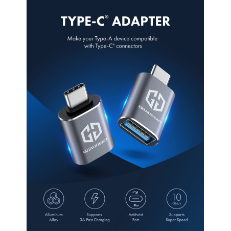 GRAUGEAR Pack de 2 Adaptateurs USB vers USB-C, Transfert de Données Rapide 10 Gbps, Double Face Type-C, Compatibilité Étendue, U