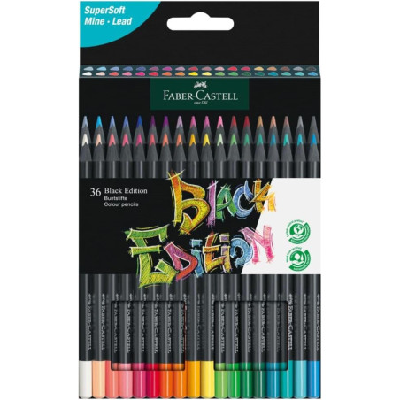 Faber-Castell 116436 Black Edition Boîte de 36 Crayons de Couleur Vibrants, Résistants à la Rupture et Prise en Main Ergonomique