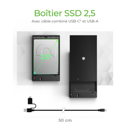 ICY BOX Boîtier USB-C pour disque dur 2, 5 pouces SSD/HDD avec USB 3.0 (5 Gbit/s), Boîtier SATA externe, sans outil, SSD jusqu'à