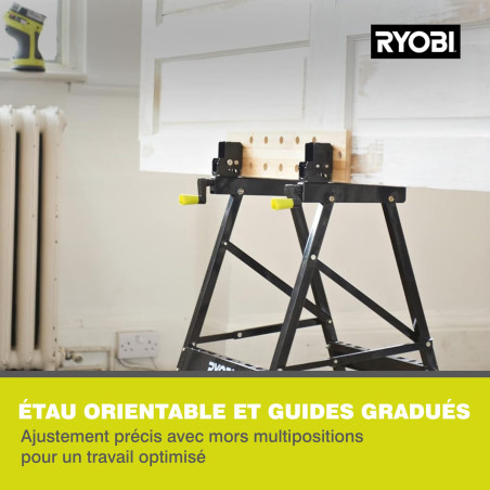 RYOBI - Établi Pliable RWB02 – Structure Métal Robuste, Plateau Multiposition, Hauteur Réglable – Idéal Coupe, Sciage, Serrage,