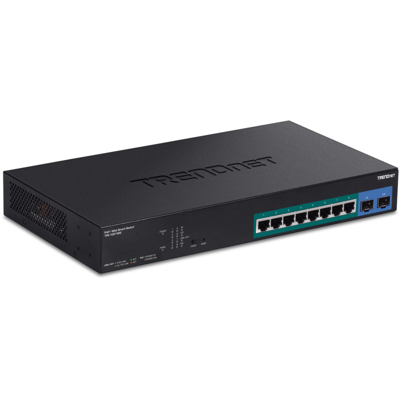 TRENDnet, TPE-1021WS, Commutateur Gigabit Web Smart PoE+ 10 Ports avec 8 Ports Gigabit PoE+, 2 emplacements SFP, Budget PoE 130 