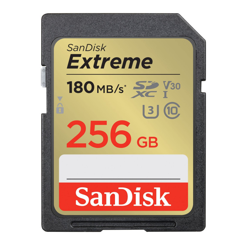 SanDisk 256GB Extreme SDXC kort, upp till 180 MB/s + RescuePro Deluxe, UHS-I, Kort 10, U3 V30 SanDisk 256GB Extreme SDXC kort, upp till 180 MB/s + RescuePro Deluxe, UHS-I, Kort 10, U3 V30