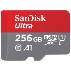 SanDisk Ultra microSDXC + adaptateur SD 256 Go (Pour Android Smartphone et Tablette, Video Full HDD, jusqu'à 150 Mo/s, UHS-I, La