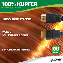 InLine® Câble HDMI certifié 1,5 m Noir/doré – Câble HDMI 2.1 8K/4K avec Ethernet – Triple blindage & fils en cuivre