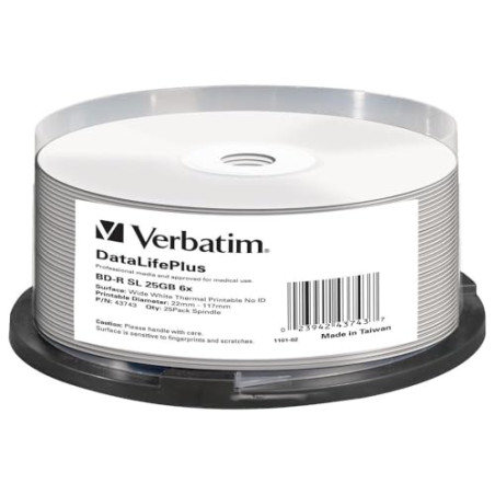 Verbatim 43743 Blu ray BD-R simple couche DL + Surface imprimable totale pour imprimante thermique 6x 25 Go Pack de 25