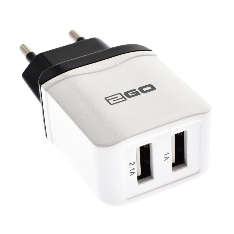 2GO Chargeur Secteur Double Prise USB 2,4 A 100 V-240 V BlancNoir