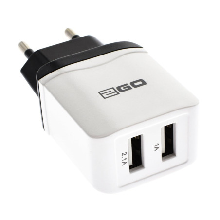 2GO Chargeur Secteur Double Prise USB 2,4 A 100 V-240 V BlancNoir