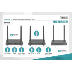 DIGITUS DS-55321 Extender KVM HDMI sans fil - Full HD 1080p 60 Hz - Portée 200 m - Kit : émetteur & récepteur - Loop-Out, IR inf