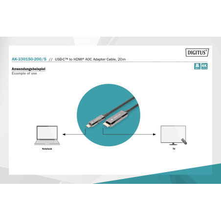 DIGITUS Câble adaptateur USB-C vers HDMI AOC fibre optique - HDMI 2.0 - Displayport 1.2 - 4k/60Hz - DP Alt-Mode - Plug&Play - 20