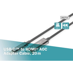 DIGITUS Câble adaptateur USB-C vers HDMI AOC fibre optique - HDMI 2.0 - Displayport 1.2 - 4k/60Hz - DP Alt-Mode - Plug&Play - 20