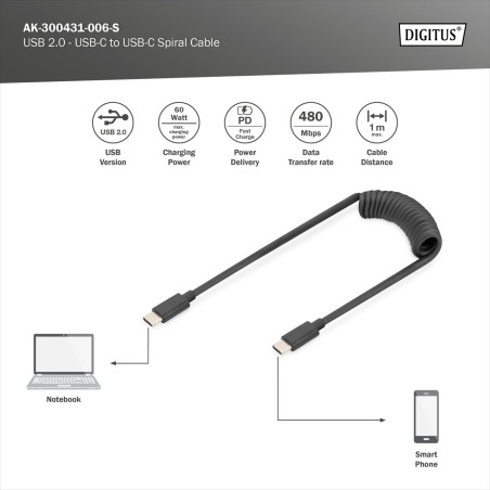 DIGITUS Câble spirale USB 2.0 USB - C à USB - C - USB 2.0, PD 60W Max ; 1m