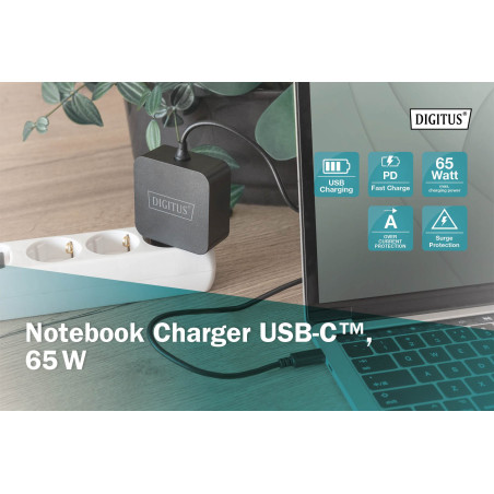 DIGITUS Chargeur 65 W - avec câble de Charge USB-C - Chargeur Rapide Power Delivery (PD 3.0) - pour MacBook Pro/Air, Lenovo, Thi