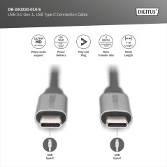 DIGITUS Câble USB-C – USB 3.2 Gen1 – 1 m – 5 Gbps – Vidéo 4k 60 Hz – 60 W Power Delivery 3.1 – Noir