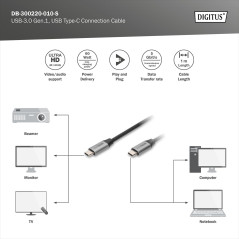 DIGITUS Câble USB-C – USB 3.2 Gen1 – 1 m – 5 Gbps – Vidéo 4k 60 Hz – 60 W Power Delivery 3.1 – Noir