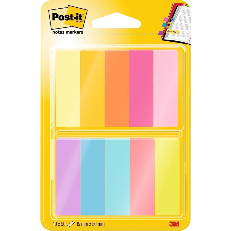 Post-it Marque-Pages en Papier, Pack de 10 Blocs, 50 Marque-Pages par Bloc, 12.7 mm x 44.4 mm, Couleurs Assorties - Pour Marquer Post-it Marque-Pages en Papier, Pack de 10 Blocs, 50 Marque-Pages par Bloc, 12.7 mm x 44.4 mm, Couleurs Assorties - Pour Marquer