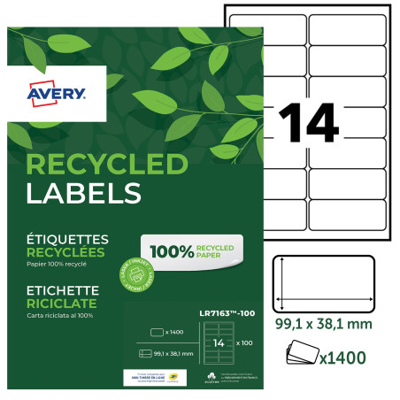 AVERY - 1400 Étiquettes Autocollantes Blanches Personnalisables - 100% Recyclées - Format 99,1 x 38,1 mm - Impression Laser et J