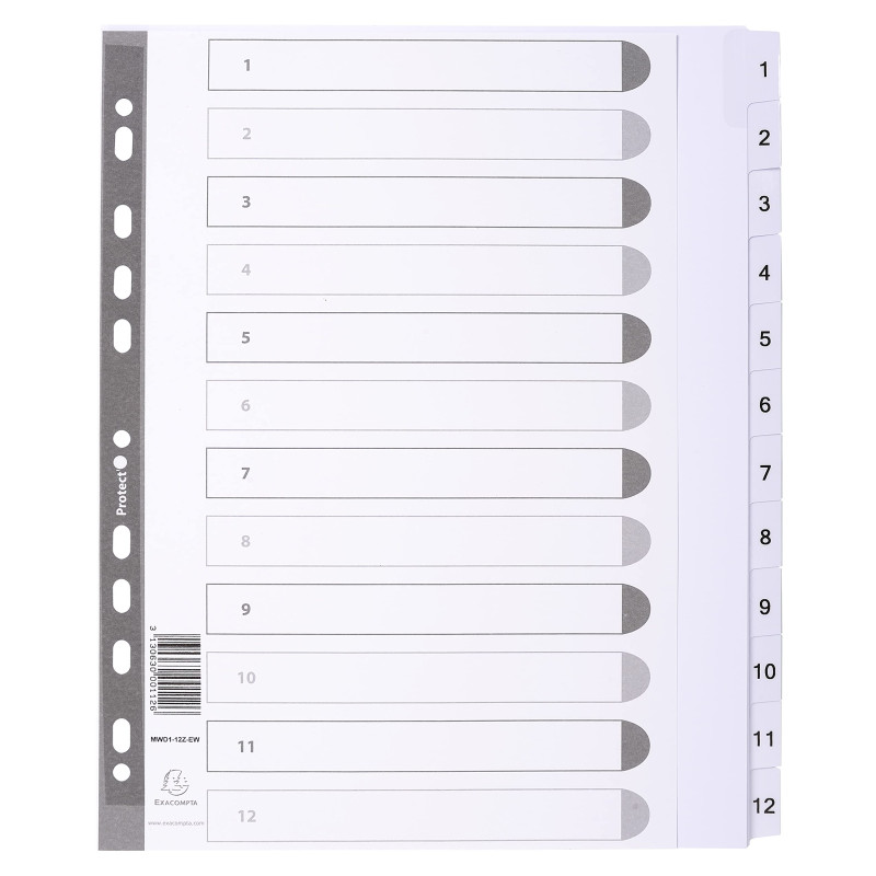Exacompta - Réf. MWD1-12Z-EW - Intercalaires en carte blanche 160g/m2 FSC® avec 12 onglets imprimés numériques de 1 à 12 et plas Exacompta - Réf. MWD1-12Z-EW - Intercalaires en carte blanche 160g/m2 FSC® avec 12 onglets imprimés numériques de 1 à 12 et plas