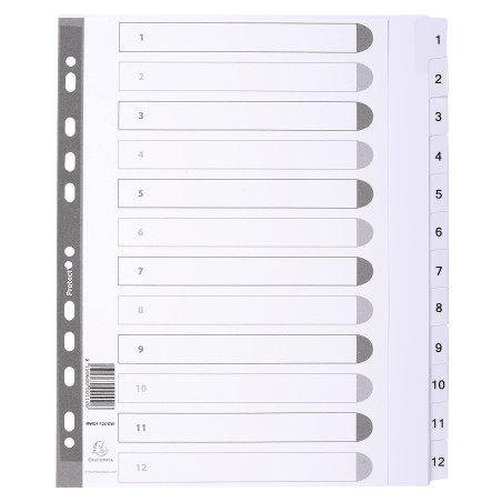 Exacompta - Réf. MWD1-12Z-EW - Intercalaires en carte blanche 160g/m2 FSC® avec 12 onglets imprimés numériques de 1 à 12 et plas
