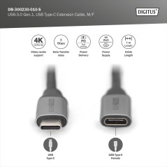 DIGITUS Câble d'extension USB 3.2 Gen1 – 1 m – USB-C (fiche) vers type C (prise) – 5 Gbps – vidéo 4k 60 Hz – 60 W – pour ordinat
