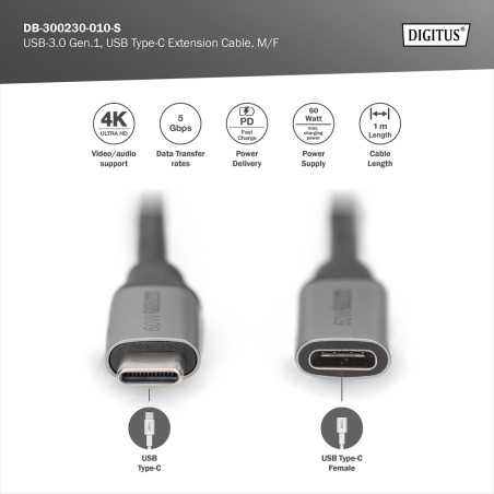 DIGITUS Câble d'extension USB 3.2 Gen1 – 1 m – USB-C (fiche) vers type C (prise) – 5 Gbps – vidéo 4k 60 Hz – 60 W – pour ordinat