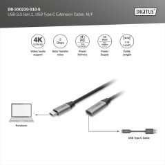 DIGITUS Câble d'extension USB 3.2 Gen1 – 1 m – USB-C (fiche) vers type C (prise) – 5 Gbps – vidéo 4k 60 Hz – 60 W – pour ordinat