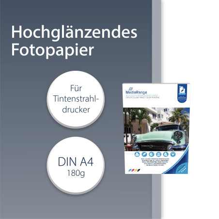 MediaRange Papier Photo, Plus Brillant A4 (210 x 297 mm), 180 g/m², 5760 dpi, 50 Feuilles