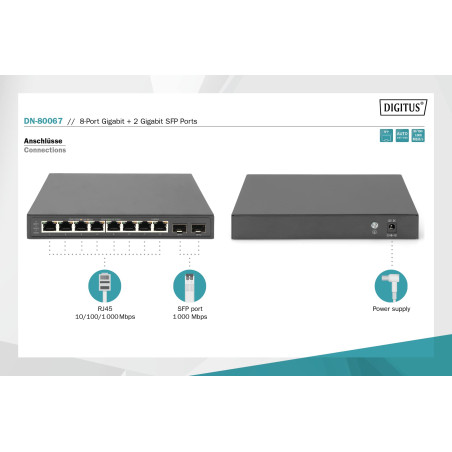DIGITUS Commutateur réseau - 10 ports - Gigabit Ethernet - non administré - 8x ports RJ45 - 2x liaisons SFP - 10/100/1000 Mbit/s