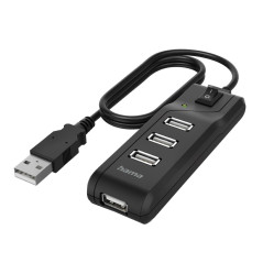 Hama Hub USB multiport Data (4 ports, USB 2.0, Vitesse de Transfert de Données 480 Mbit/s, Interrupteur Marche/Arrêt, Témoin de