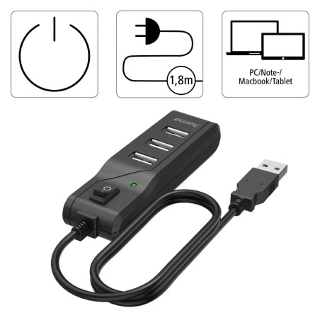 Hama Hub USB multiport Data (4 ports, USB 2.0, Vitesse de Transfert de Données 480 Mbit/s, Interrupteur Marche/Arrêt, Témoin de